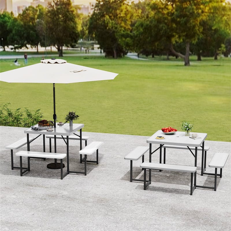 4-8 Person Outdoor Picnic Table Bench Set, All-Weather HDPE Square Dining Table with Umbrella Hole, 4 Benches & Metal Frame for Patio Backyard