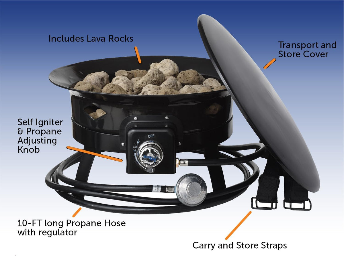 Flame King Smokeless Portable Propane Fire Pit Bowl, 19 inches, 58K BTU with Propane Grip Scale, Self Igniter, Cover, & Carry Straps for RV, Camping, & Outdoor Living
