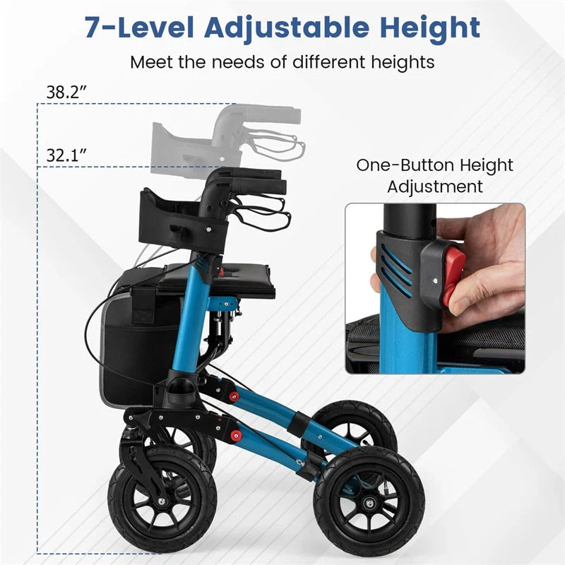 2-in-1 Folding Rolling Rollator Walker with Seat, 9" All-Terrain Pneumatic Tires & Height Adjustment, Aluminum Mobility Walking Aid for Seniors