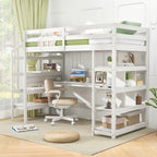 Twin Size Loft Bed with Desk and Storage Stairs Loft Bed Frame with Shelves and Safety Guardrails