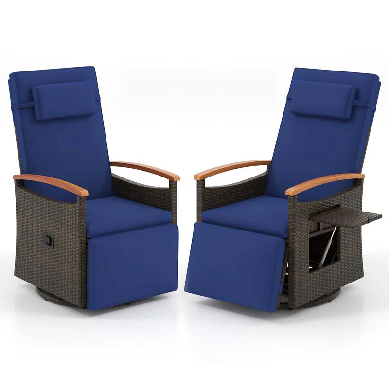 Outdoor Rattan 360�� Swivel Recliner Chair, Patio Wicker Chaise Lounge Chair with Adjustable Backrest & Footrest, Flip Side Table & Cushions