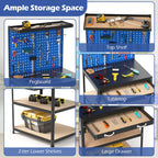 32" x 16" Workbench with Pegboard, 495 LBS Work Table with Drawer, Open Shelves, Heavy Duty Work Bench Workstation for Garage Workshop Warehouse