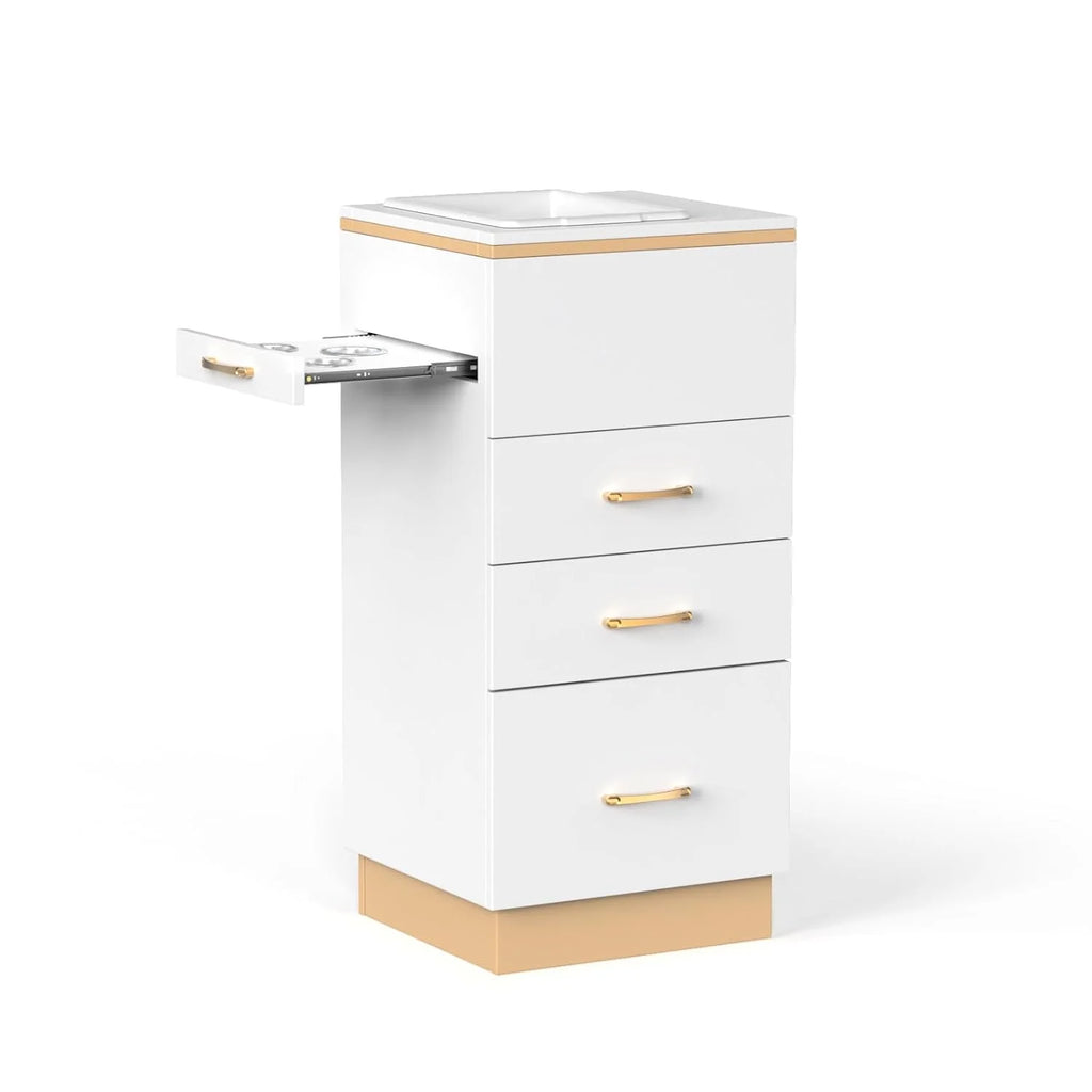 OmySalon Salon Storage Station, Barber Stations Beauty Salon Spa Equipment with 3 Drawers, a Storage Basin, 3 Hair Dryer Holders for Hair Styling, White Gold