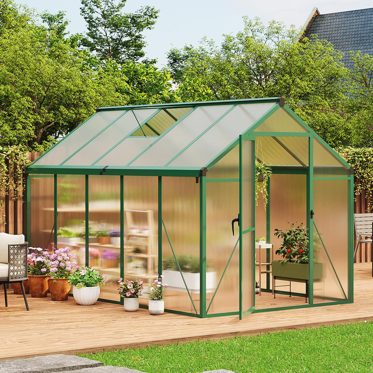 6x10 FT Greenhouse  Easy Assembly Aluminum Polycarbonate Greenhouses for Outdoors with Roof Vent and Ground Nails  Heavy Duty Aluminum Walk-in Greenhouse for Backyard  Sliding Lockable Door  Green
