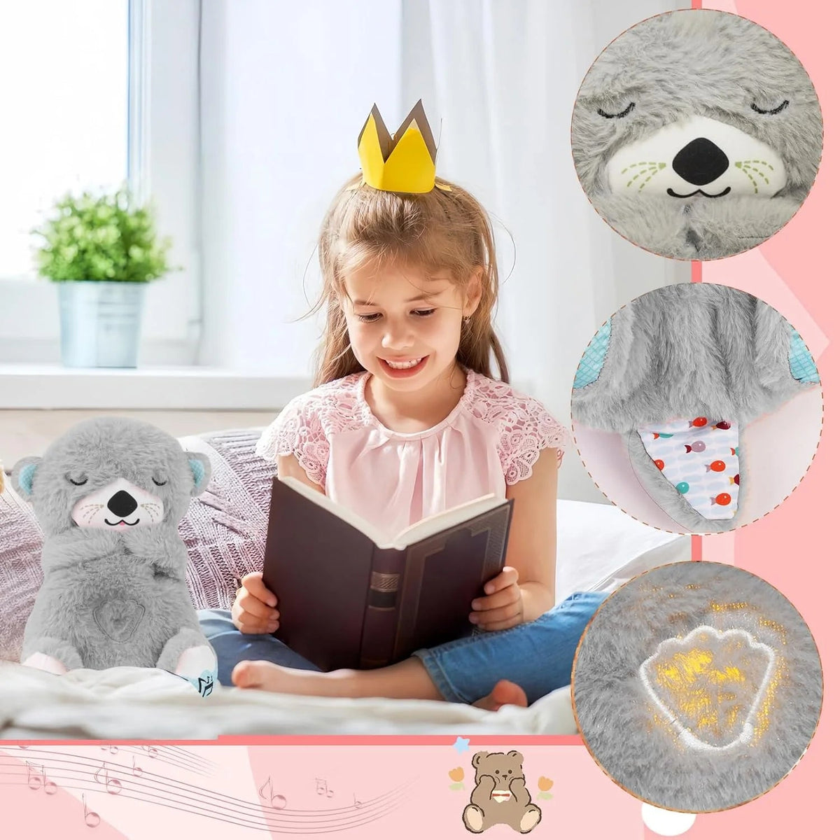 Baby Sound Machine Soothe Snuggle Otter, Sensory Details Music Lights Rhythmic Breathing Motion Musical Baby Toy Plush for Newborns (Battery Not Includ)