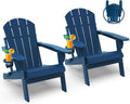 GREENVINES Folding-Adirondack-Chairs-Set-of-2 | HDPE Plastic | Fire Pit Chair | All Weather | Cup Holder | Blue | for Deck Backyard Patio Outdoor Garden