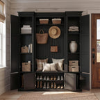 Large Hall Tree with Bench & Rattan Doors, 4-in-1 Entryway Coat Rack with Shoe Storage, 4 Hooks, Shelves, Mid-Century Shoe Bench for Hallway Mudroom, Black, 63.2��W x 15.7��D x 76.8��H