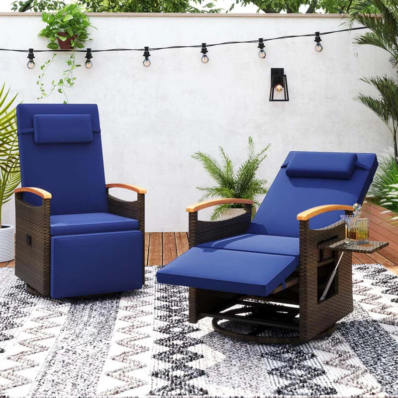 Outdoor Rattan 360�� Swivel Recliner Chair, Patio Wicker Chaise Lounge Chair with Adjustable Backrest & Footrest, Flip Side Table & Cushions