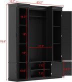 Large Hall Tree with Bench & Rattan Doors, 4-in-1 Entryway Coat Rack with Shoe Storage, 4 Hooks, Shelves, Mid-Century Shoe Bench for Hallway Mudroom, Black, 63.2��W x 15.7��D x 76.8��H