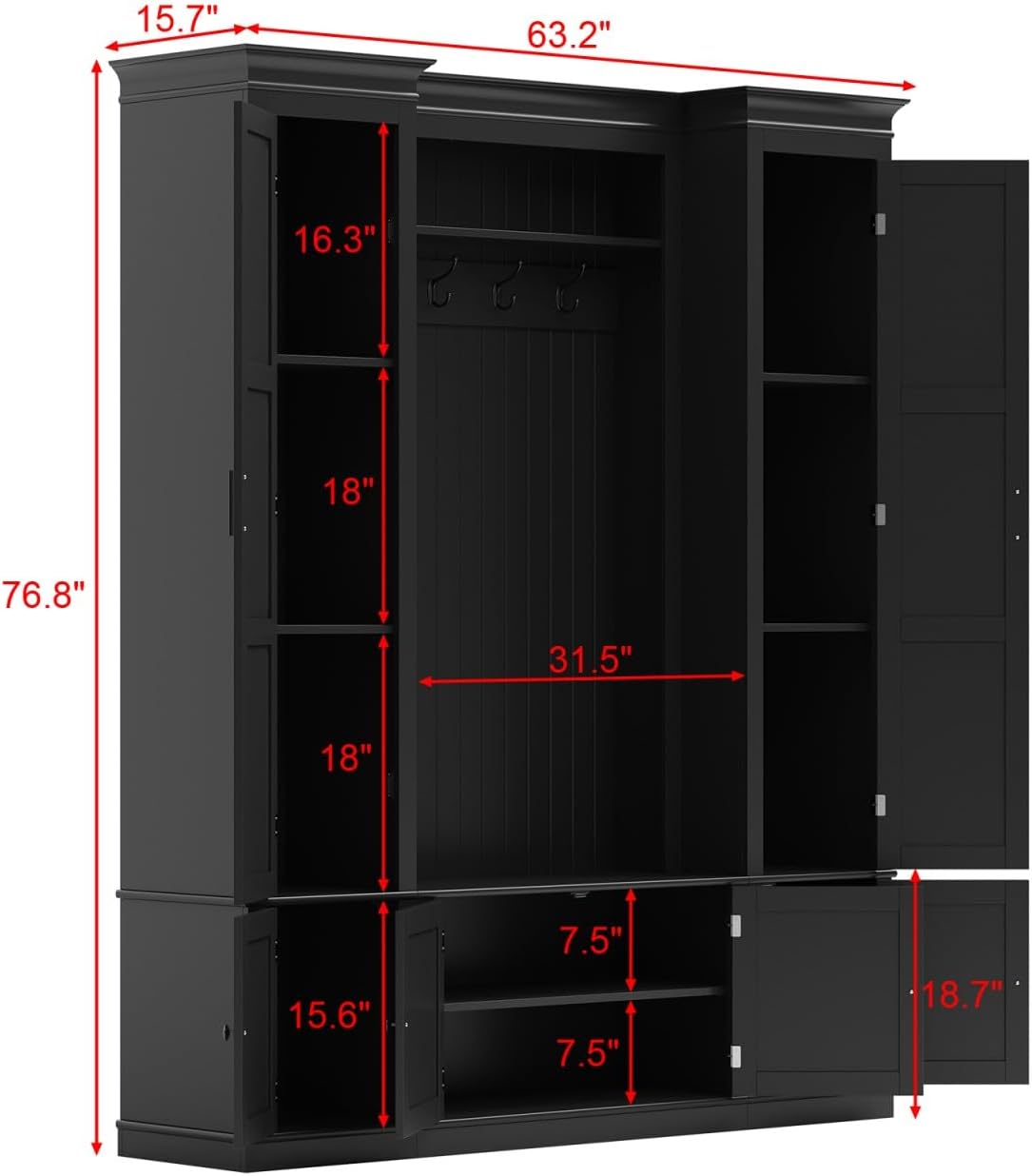 Large Hall Tree with Bench & Rattan Doors, 4-in-1 Entryway Coat Rack with Shoe Storage, 4 Hooks, Shelves, Mid-Century Shoe Bench for Hallway Mudroom, Black, 63.2��W x 15.7��D x 76.8��H