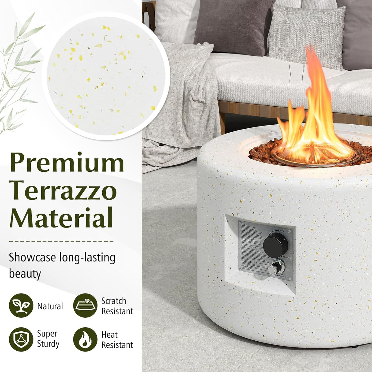 Tangkula Propane Fire Pit Table, 25.5�� Round Terrazzo Gas Fire Pit with Stainless Steel Burner & Lava Rocks, Protective Cover & Tank Seat Included, 40,000 BTU Smokeless Fire Pit for Outside Patio