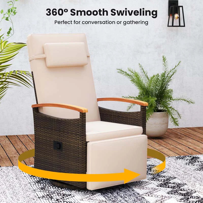 Outdoor Rattan 360�� Swivel Recliner Chair, Patio Wicker Chaise Lounge Chair with Adjustable Backrest & Footrest, Flip Side Table & Cushions