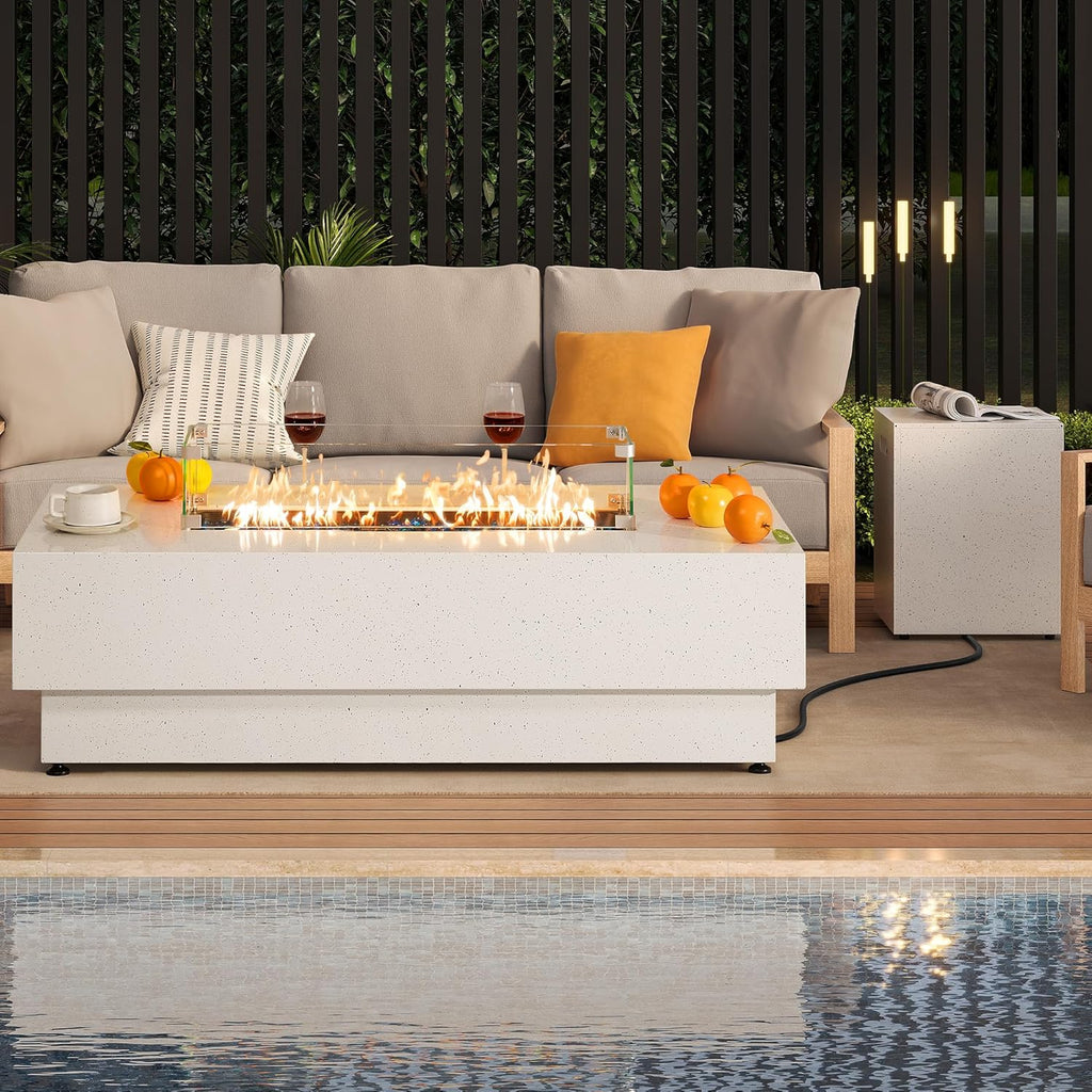 IRONCK 50-Inch Outdoor Propane Fire Pit Table w Tank Table, CSA Certified, Rectangular Patio Fire Pit w Glass Rocks, Wind Guard and Cover, 58000 BTU 2 in 1 Outdoor Heater for Deck Garden, White