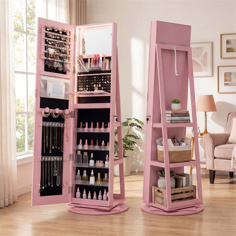 360�� Swivel Jewelry Cabinet Armoire w/ Full Length Mirror 3-Color LED Lights & Rear Shelves, Lockable Standing Jewelry Storage Organizer