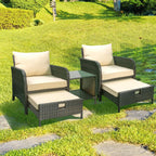 LEVELEVE Balcony Furniture 5 Piece Patio Conversation Set  PE Wicker Rattan Outdoor Lounge Chairs with Soft Cushions 2 Ottoman&Glass Table for Porch  Lawn-Brown Wicker