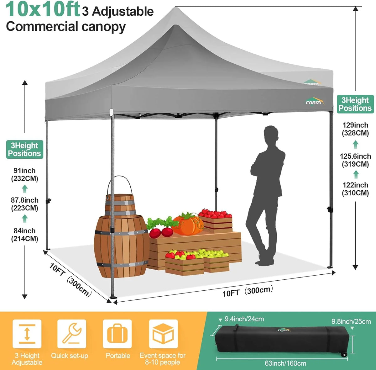COBIZI 10x20 Heavy Duty Pop up Canopy Tent with 6 sidewalls Easy Up Commercial Outdoor Canopy Wedding Party Tents for Parties All Season Wind & Waterproof Gazebo with Roller Bag,Black(Frame Thickened)