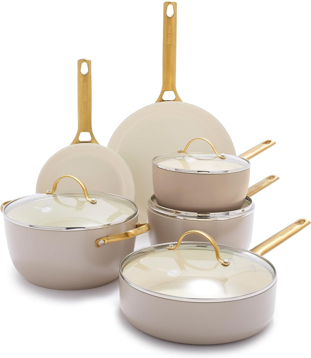 Reserve Hard Anodized Healthy Ceramic Nonstick 10 Piece Cookware Pots and Pans Set, Gold Handle, PFAS-Free, Dishwasher Safe, Oven Safe, Black