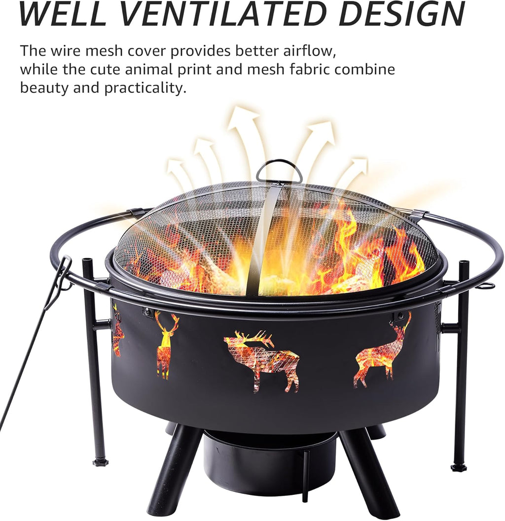 NATURAL EXPRESSIONS 32 Inch Large Fire Pit with 2 Grills, Outdoor Wood Burning Fire Pit with Cooking Grate, Lid, Poker and Round Waterproof Cover for Patio, Ourside, Bonfires, Picnic, Party.
