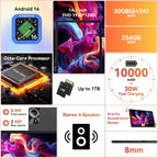 Tablet｜14 inch Android 16 Tablet｜30GB RAM 256GB ROM｜1920 * 1200 IPS FHD｜10000mAh 30W Fast Charging｜Octa-core Processor｜Wi-Fi 6  BT 5.4｜Dual Camera with Keyboard｜Mouse｜Stylus｜Case｜Headphone