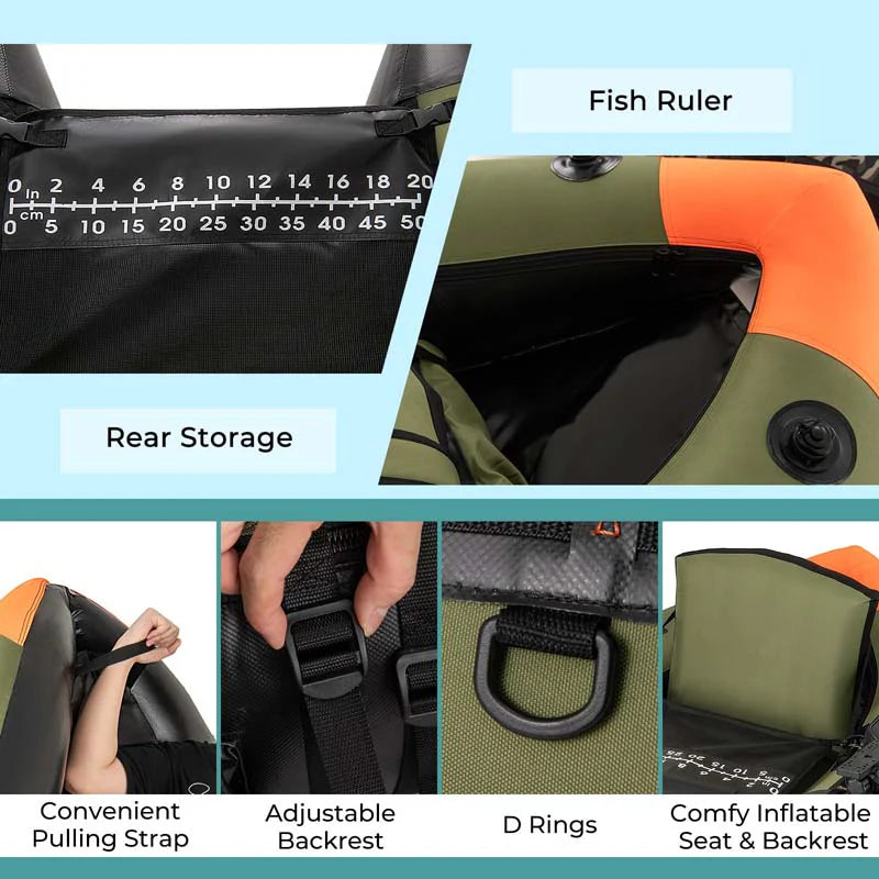 Inflatable Fishing Float Tube, 350LBS Portable Belly Boat with Rod Rack Basket, Fish Finder Holder, Fish Ruler, 3 Storage Boxes & Pump