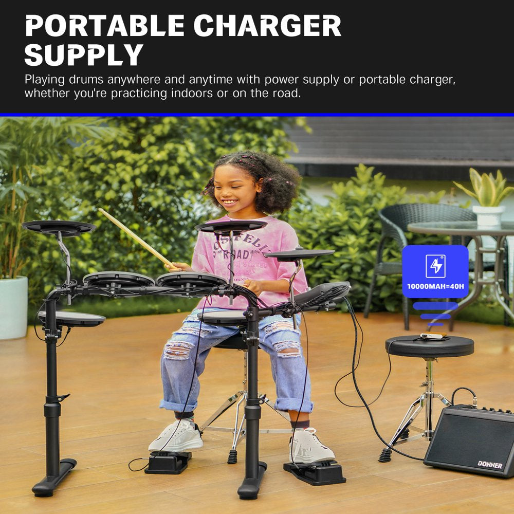 Donner DED-70 Kids Electric Drum Set, 68+ Sounds, Quiet Mesh Pads, Portable, Includes Sticks & Headphones