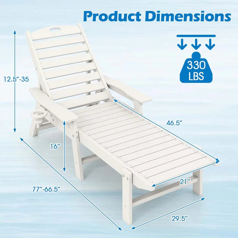 Outdoor Chaise Lounge Chair with 4-Position Backrest & Cup Holder, Weatherproof HDPE Reclining Patio Chair for Poolside, Backyard, Garden