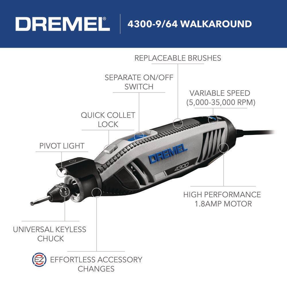 4300-9/64 4300 Series 1.8 Amp Variable Speed Corded Rotary Tool Kit with Mounted Light, 64 Accessories, 9 Attachments and Case