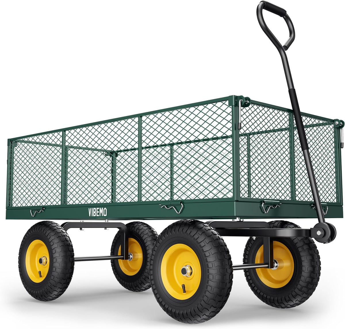 Steel Garden Cart, 2-in-1 1400 lbs Heavy Duty Utility Wagon, with Removable Mesh Sides to Convert into Flatbed, 240° U-Turn 13" Pneumatic Tires Garden Wagon for Farm Yard Lawn Garden Camping