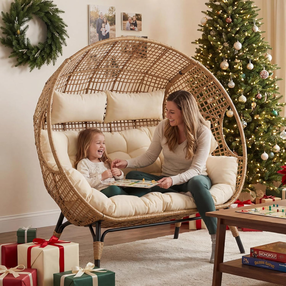 NICESOUL® Double Egg Chair Indoor Outdoor Stationary Oversized 6.5" Thick Padded Cushions 2 Person Egg Wicker Loveseat Chair 680 lbs Extra Large Lounge Chair for Patio Balcony Porch Backyard Beige
