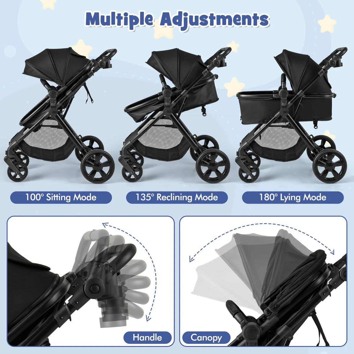 2-in-1 Convertible Baby Stroller, Foldable Infant Carriage with Reversible Seat