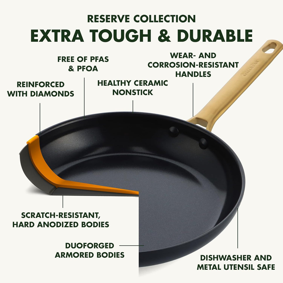 Reserve Hard Anodized Healthy Ceramic Nonstick 10 Piece Cookware Pots and Pans Set, Gold Handle, PFAS-Free, Dishwasher Safe, Oven Safe, Black