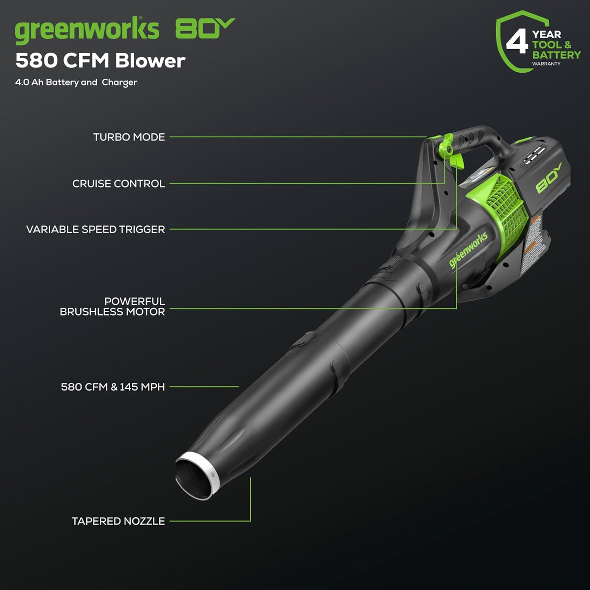 Greenworks 80V 21�� Brushless (Self-Propelled) Cordless Electric Lawn Mower + (580 CFM) Axial Leaf Blower (75+ Compatible Tools)  4.0Ah Battery and 60 Minute Rapid Charger  Green and Black