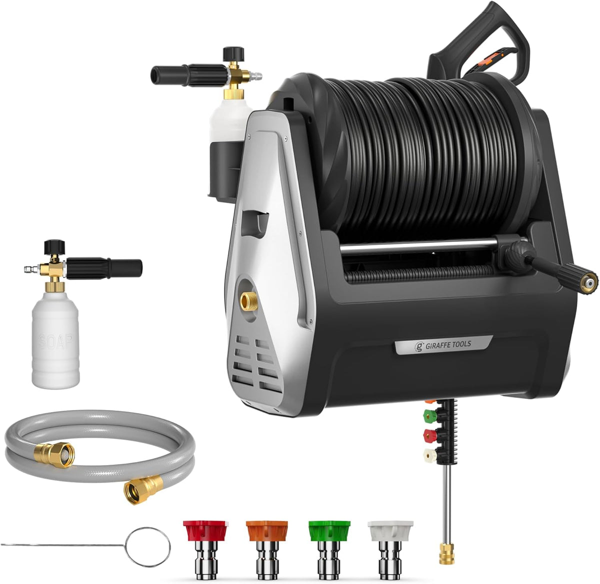 Giraffe Tools Wall Mounted Pressure Washer Essential with Upgraded 1800W Motor  2900 PSI  2.2 GPM Electric Power Washer  Automatic Rewind  100ft Pressure Hoses  5 Nozzles for Floor/Cars/Fences/Patios