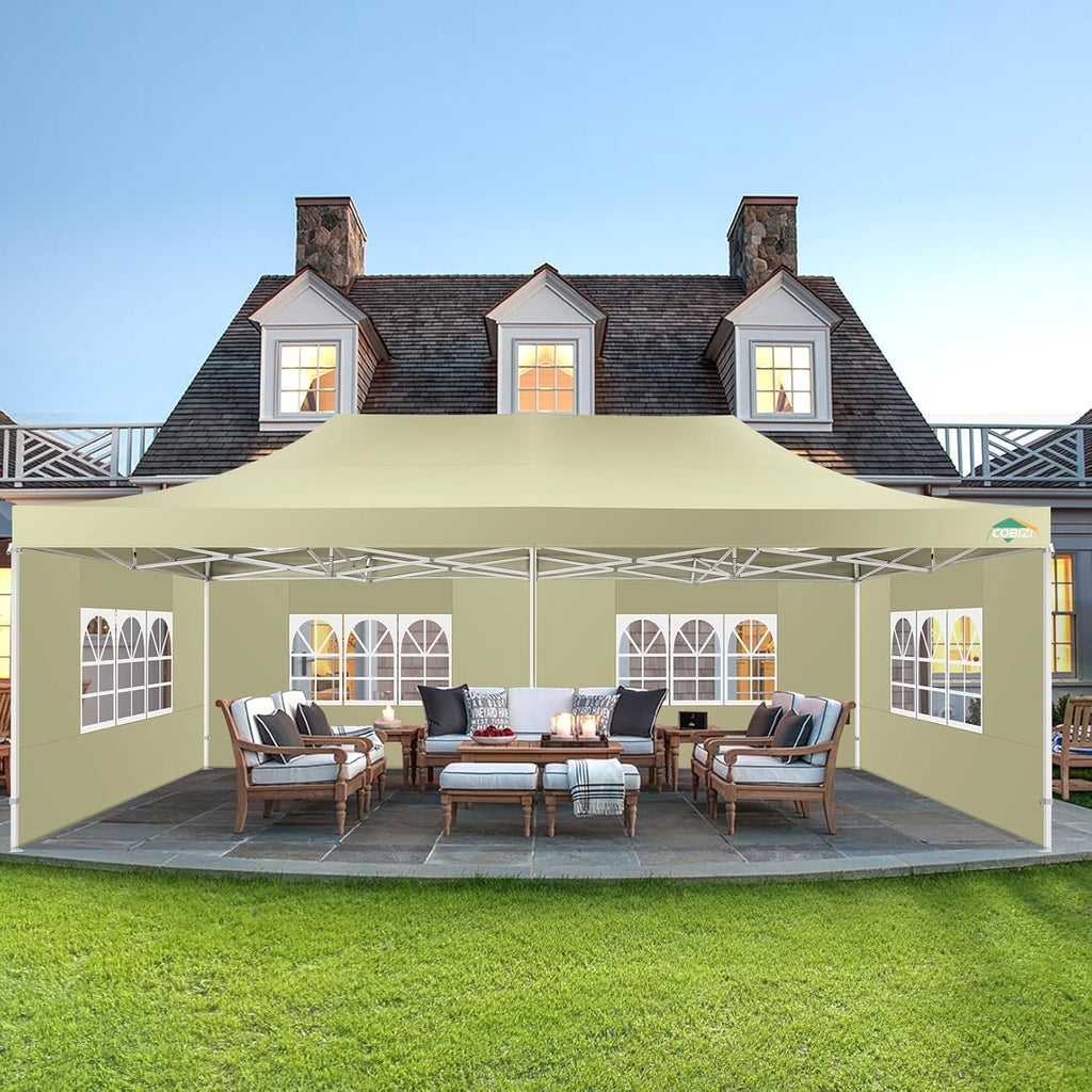 COBIZI 10x20 Heavy Duty Pop up Canopy Tent with 6 sidewalls Easy Up Commercial Outdoor Canopy Wedding Party Tents for Parties All Season Wind & Waterproof Gazebo with Roller Bag,Black(Frame Thickened)