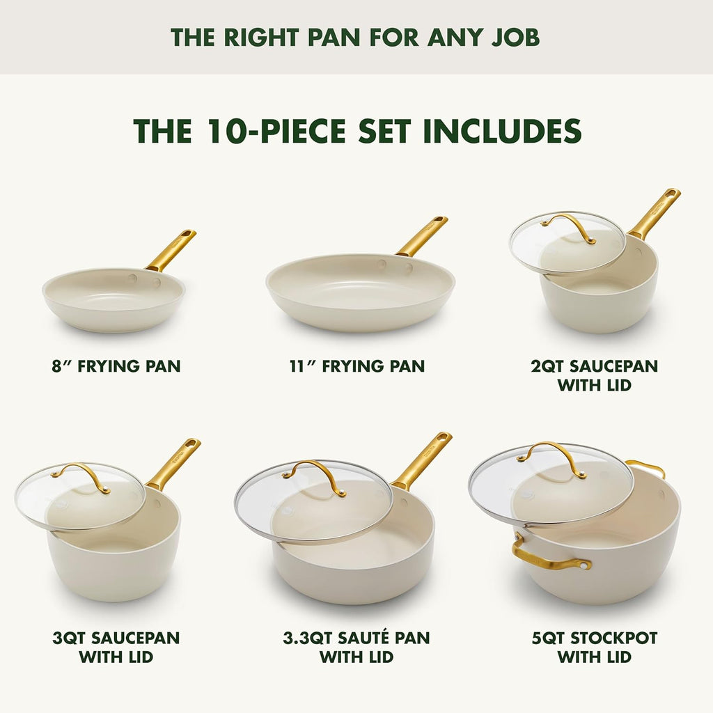 Reserve Hard Anodized Healthy Ceramic Nonstick 10 Piece Cookware Pots and Pans Set, Gold Handle, PFAS-Free, Dishwasher Safe, Oven Safe, Black