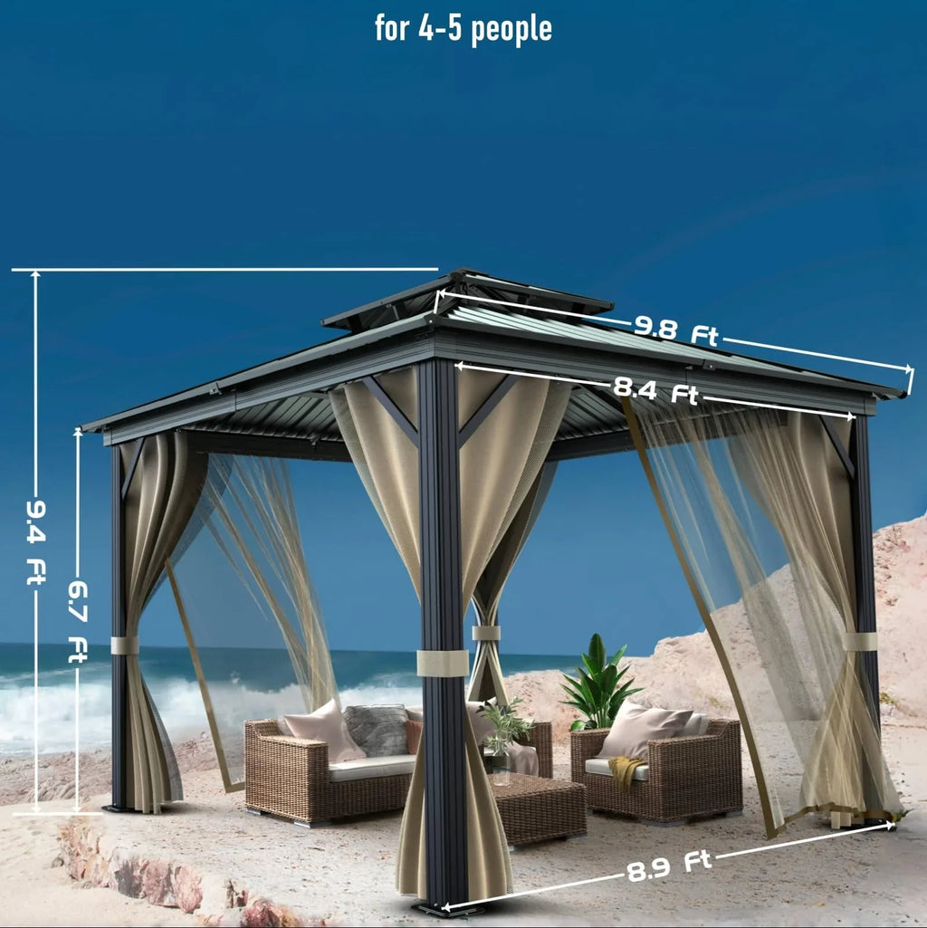 10x10 Hardtop Gazebo with double metal roof, aluminum frame, net, and curtain. All-weather, ideal for patio, deck, garden, backyard. Khaki.