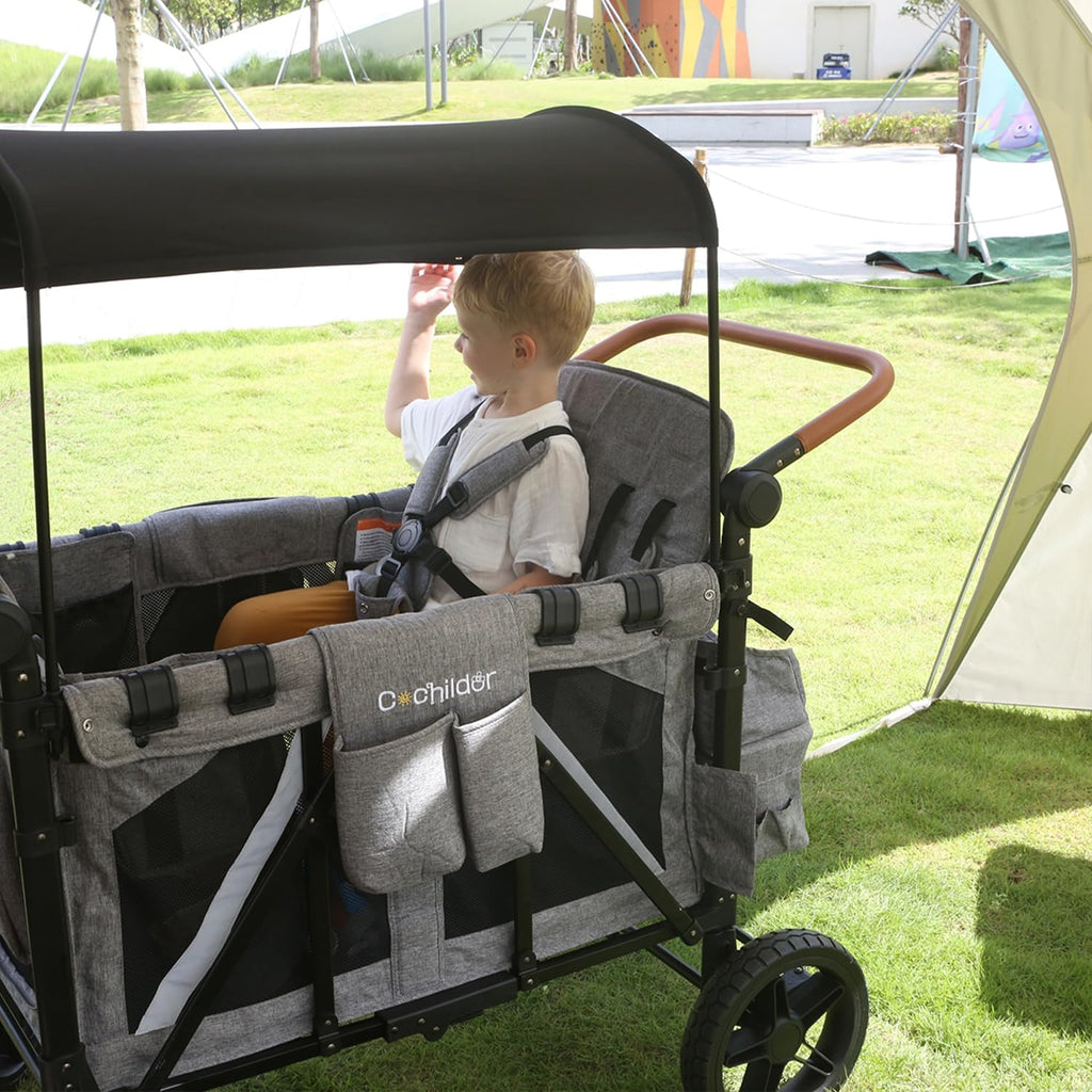 All-Terrain 4 Seater Wagon Stroller for Kids - Heavy-Duty 300lb Capacity, One-Hand Fold Design, High Seats with 5-Point Harness, Adjustable Canopy and Handlebars, Light Grey