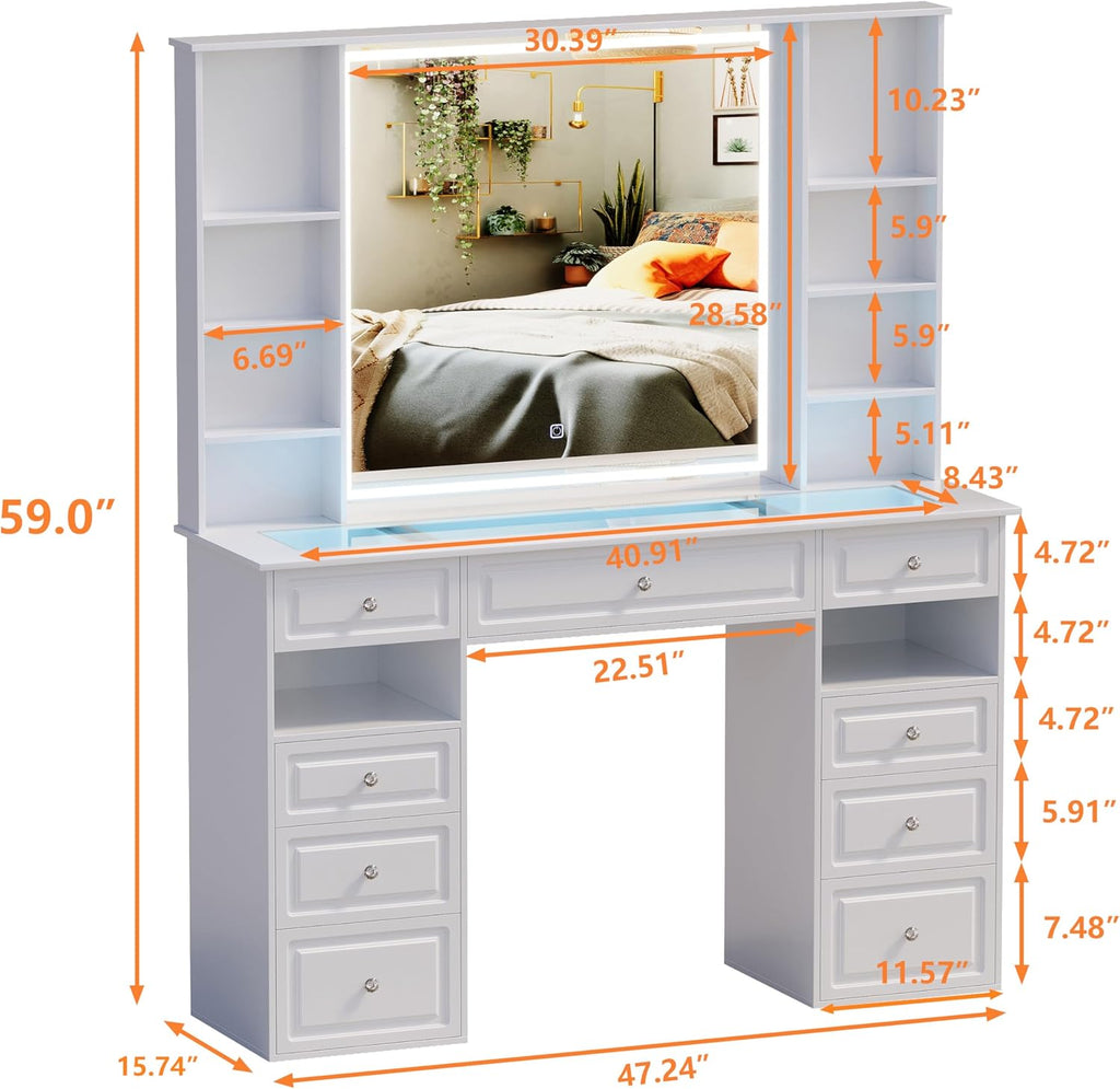 Vanity Desk with Mirror and Lights, Glass Top Dressing Table with 9 Drawers,European Style Vanity Table, Crystal Ball Knobs, White Makeup Desk (White-Glass Top)