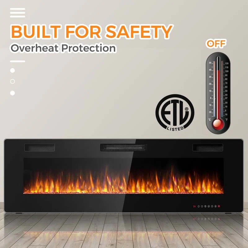 60" Ultra-Thin Electric Fireplace Insert, 1500W Recessed & Wall-mounted Fireplace Heater with 12 Flame Colors