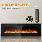 60" Ultra-Thin Electric Fireplace Insert, 1500W Recessed & Wall-mounted Fireplace Heater with 12 Flame Colors