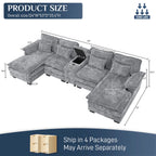 Wiilayok U Shaped Cloud Couch Modular Sectional Sofa 124" Extra Deep Fluffy Chenille Double Chaise Lounge, Central Console w/ Dual USB-C & A Ports, Storm Gray