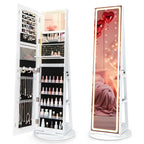 360�� Swivel Jewelry Cabinet Armoire w/ Full Length Mirror 3-Color LED Lights & Rear Shelves, Lockable Standing Jewelry Storage Organizer