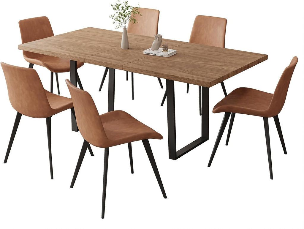 ZckyCine 67" Expandable Walnut Dining Table and 6 Upholstered Chairs, 7-Piece Dining Room Furniture Set, Mid-Century Modern Style for Home, Dining Room and Kitchen
