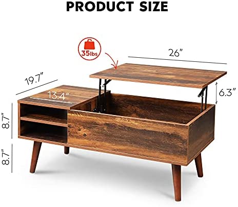WLIVE Wood Lift Top Coffee Table with Hidden Compartment and Adjustable Storage Shelf
