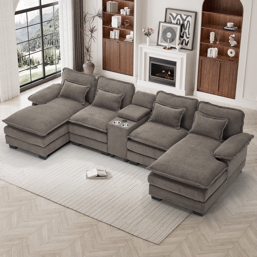 Wiilayok U Shaped Cloud Couch Modular Sectional Sofa 124" Extra Deep Fluffy Chenille Double Chaise Lounge, Central Console w/ Dual USB-C & A Ports, Storm Gray