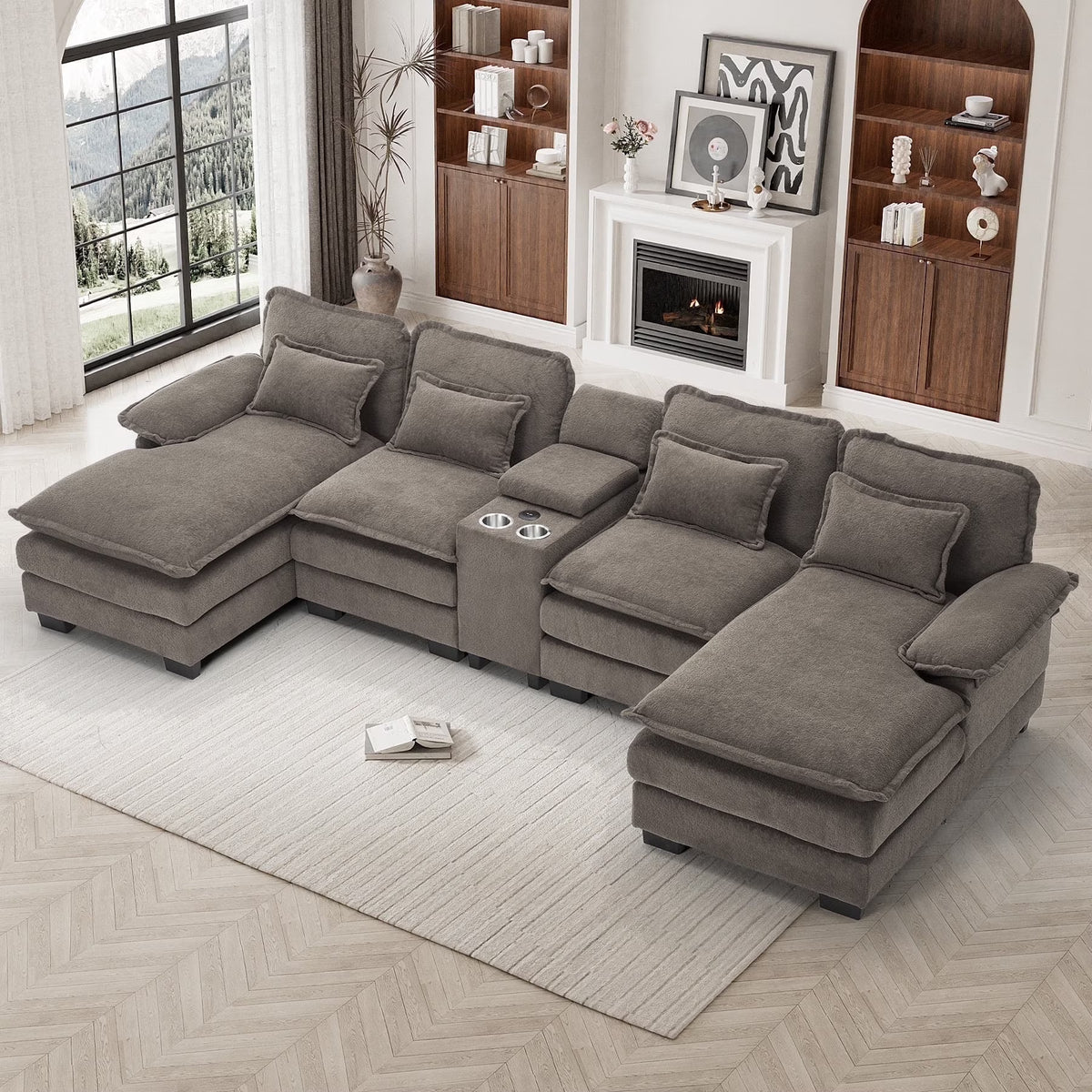 Wiilayok U Shaped Cloud Couch Modular Sectional Sofa 124" Extra Deep Fluffy Chenille Double Chaise Lounge, Central Console w/ Dual USB-C & A Ports, Storm Gray