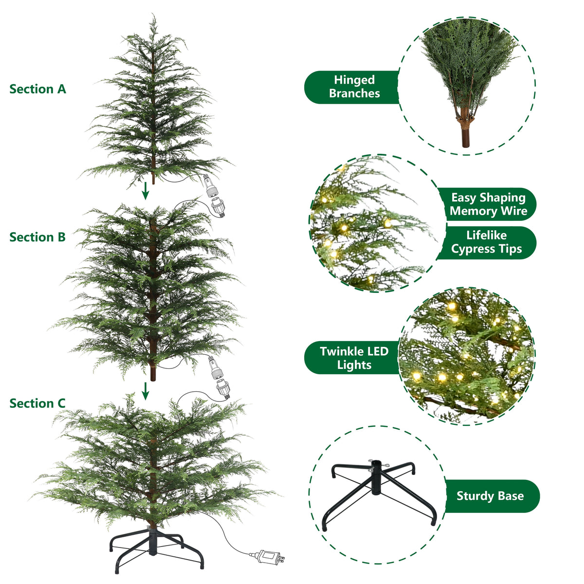 My Texas House 7.5 ft Pre-Lit Cypress Artificial Christmas Tree with 500 Twinkle LED Lights and Stand