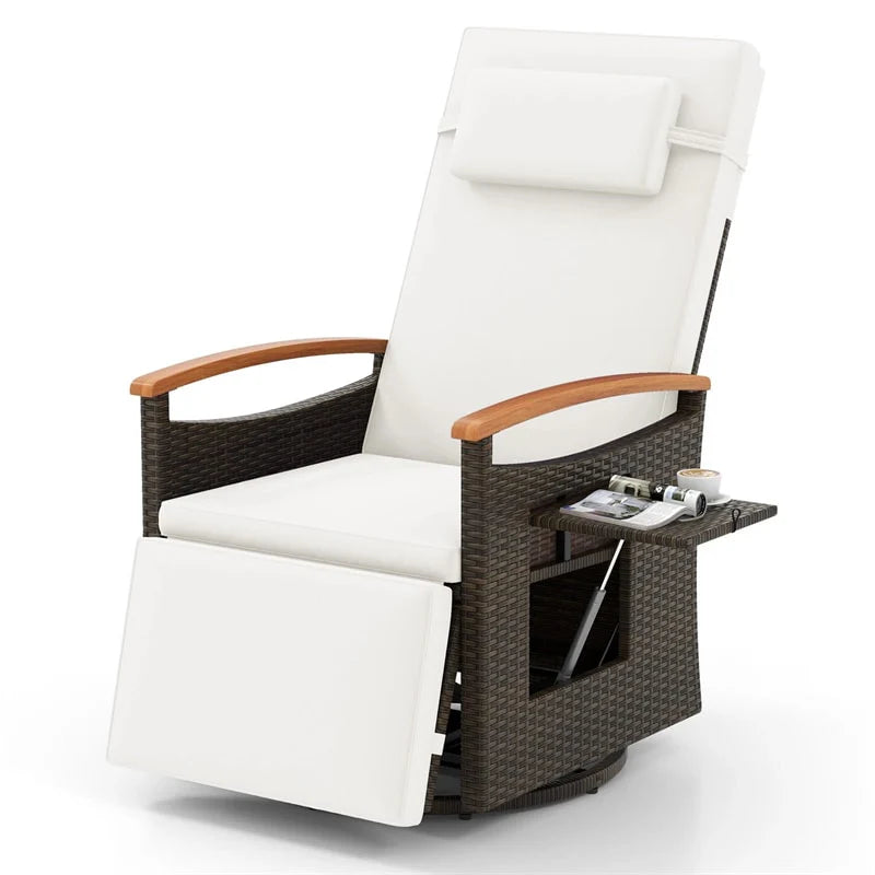 Outdoor Rattan 360�� Swivel Recliner Chair, Patio Wicker Chaise Lounge Chair with Adjustable Backrest & Footrest, Flip Side Table & Cushions