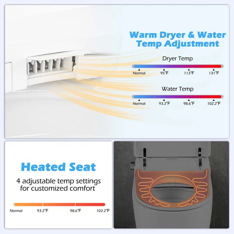 Elongated Smart Toilet with Built-in Bidet, Heated Seat, Auto Open/Close, Foot Sensor, Dryer, Night Light & 1.09 GPF Automatic/Blackout Flush