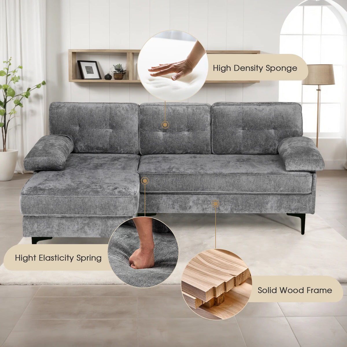 Sofa 3 Seaters Sofa L Shape Grey